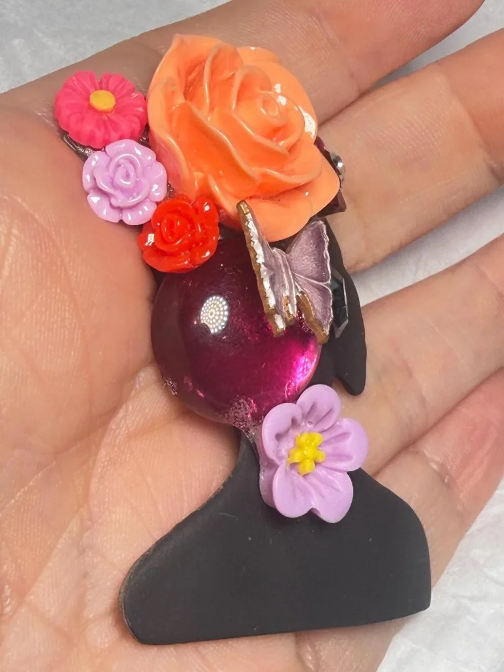 OOAK Lady Silhouette Brooch UltraCraft Upcycled Floral Butterfly Pin 2.25 inches